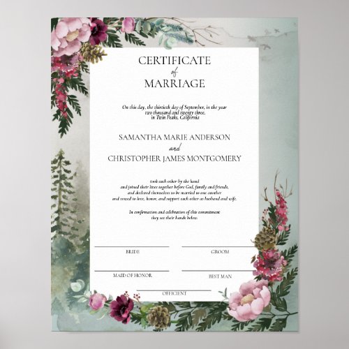 Pine Forest Burgundy Rose Certificate of Marriage Poster