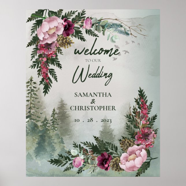 Pine Forest Burgundy Rose Wedding Welcome Sign (Front)