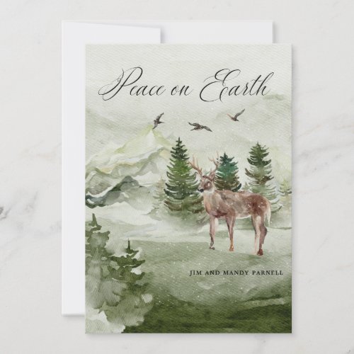 Pine Forest Deer Peace on Earth Christmas Card