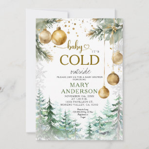 Pine Forest Gold Ornaments Christmas Baby Shower Invitation