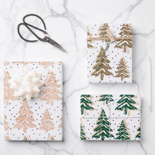 Pine Forest Gold Speckles Holiday Wrapping Paper Sheets (Front)