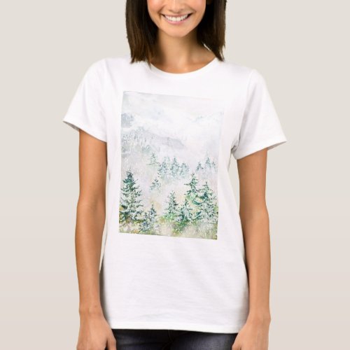 Pine forest in heavy snow watercolor T_Shirt