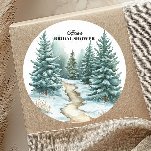 Pine Forest in Snow Winter Bridal Shower Classic Round Sticker