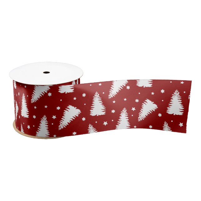pine forest modern red snow satin ribbon (Spool)