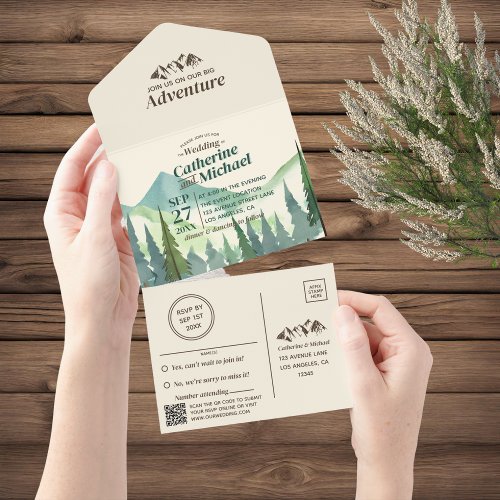 Pine Forest Mountain Adventure QR Code Wedding All In One Invitation