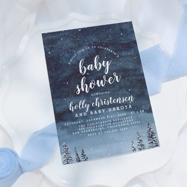 Pine Forest & Night Sky Winter Baby Shower Invitation (Creator Uploaded)