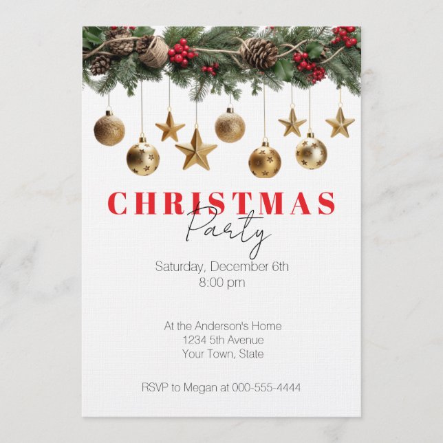 Pine Garland Gold Ornaments Christmas Party Invitation (Front)