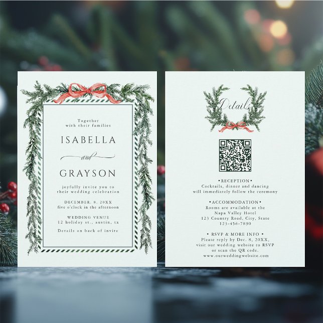 Pine Garland Wedding All in One Mint Green Invitation (Front & Back)