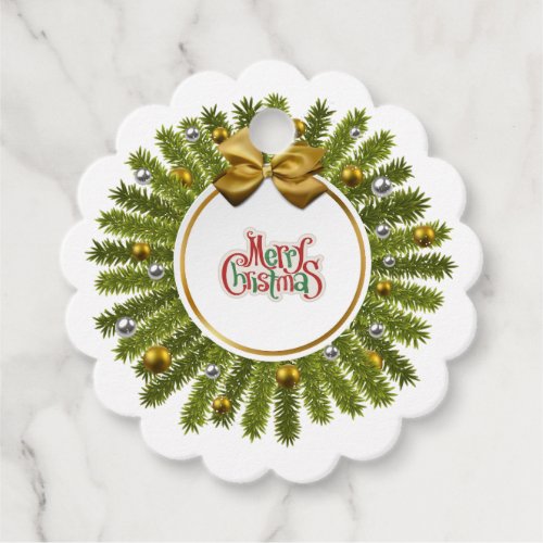 Pine Gold Bow Merry Christmas Favor Tag