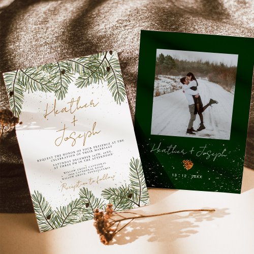 Pine  Gold Christmas Foliage Festive Wedding Invitation