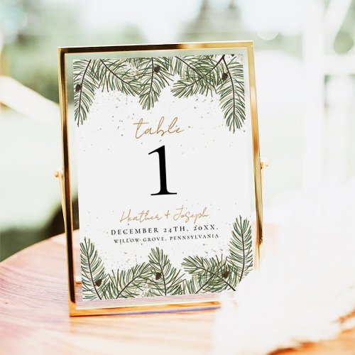 Pine  Gold Christmas Foliage Wedding  Table Number