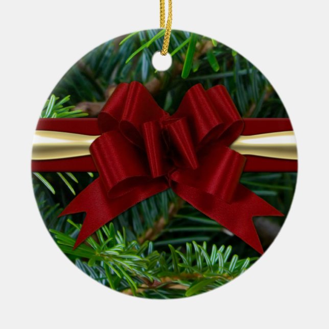 Pine/Gold/Red Bow Ceramic Ornament (Front)