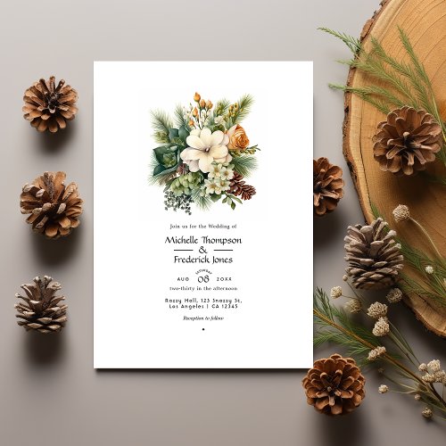 Pine Green and Soft Browns Floral Winter Wedding Invitation