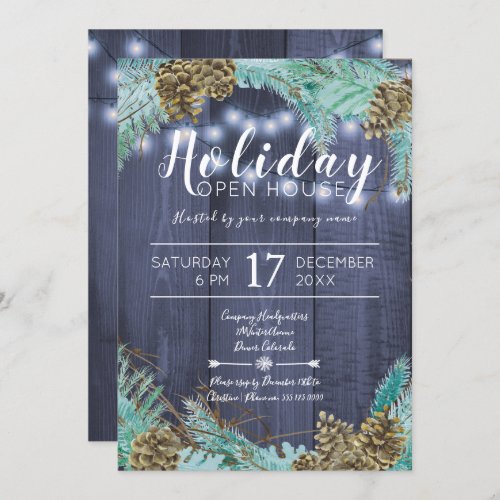 Pine green branches with cones holiday open house invitation