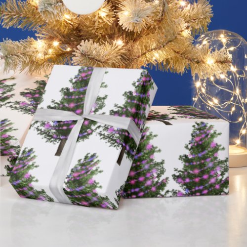 Pine Green Christmas Tree With Purple Lights Wrapping Paper