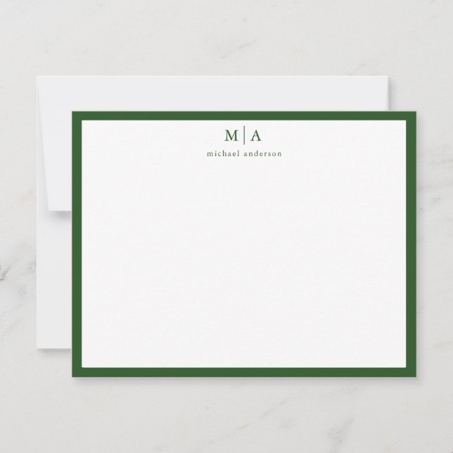 Pine Green Classic Border Monogram Correspondence  Note Card (Front)