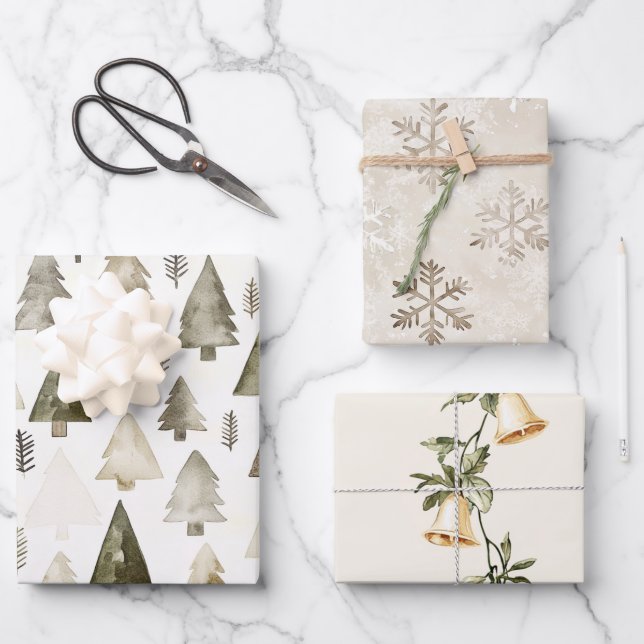 Pine Green Cream Christmas Trees Bells Snowflakes Wrapping Paper Sheets (Front)