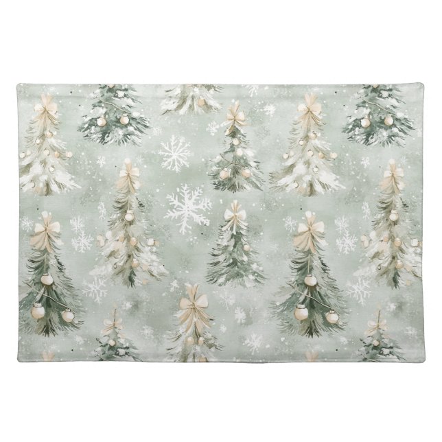 Pine Green Cream Christmas Trees Snowflakes Cloth Placemat (Front)