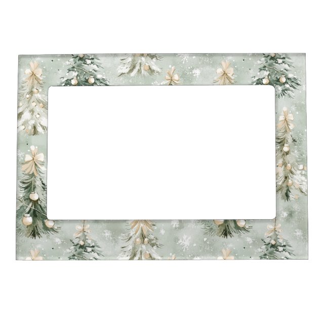 Pine Green Cream Christmas Trees Snowflakes Magnetic Frame (Front)