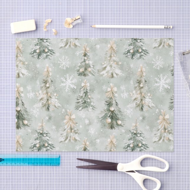Pine Green Cream Christmas Trees Snowflakes Tissue Paper (Craft)