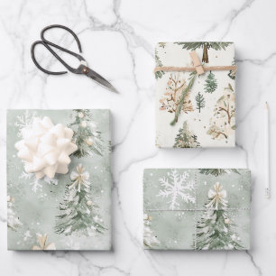 Pine Green Cream Christmas Trees Snowflakes Wrapping Paper Sheets