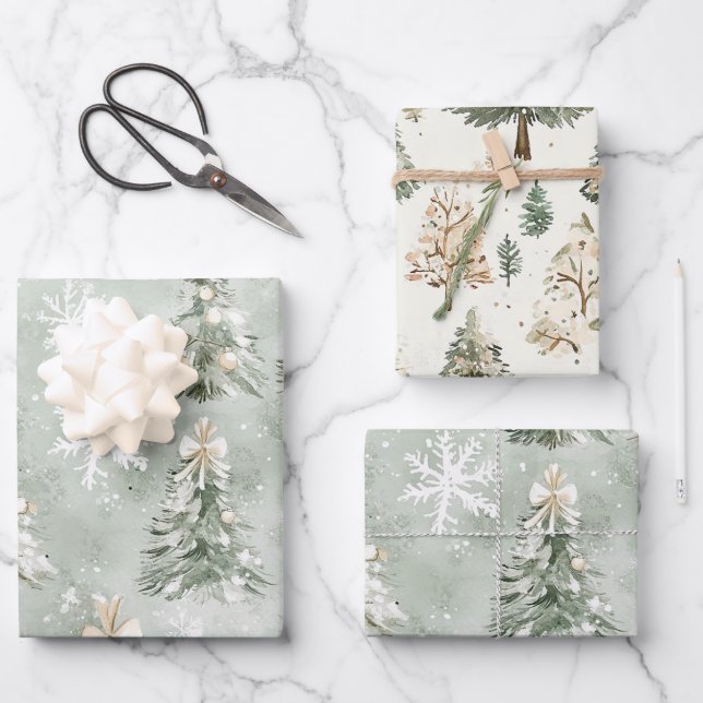 Pine Green Cream Christmas Trees Snowflakes Wrapping Paper Sheets (Front)