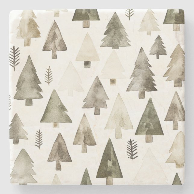 Pine Green Cream Christmas Trees Stone Coaster (Front)