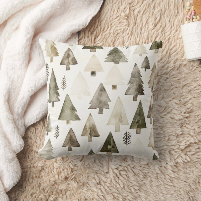 Pine Green Cream Christmas Trees Throw Pillow (Blanket)