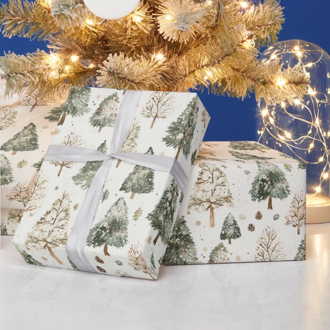 Pine Green Cream Christmas Trees Wrapping Paper (Holidays)