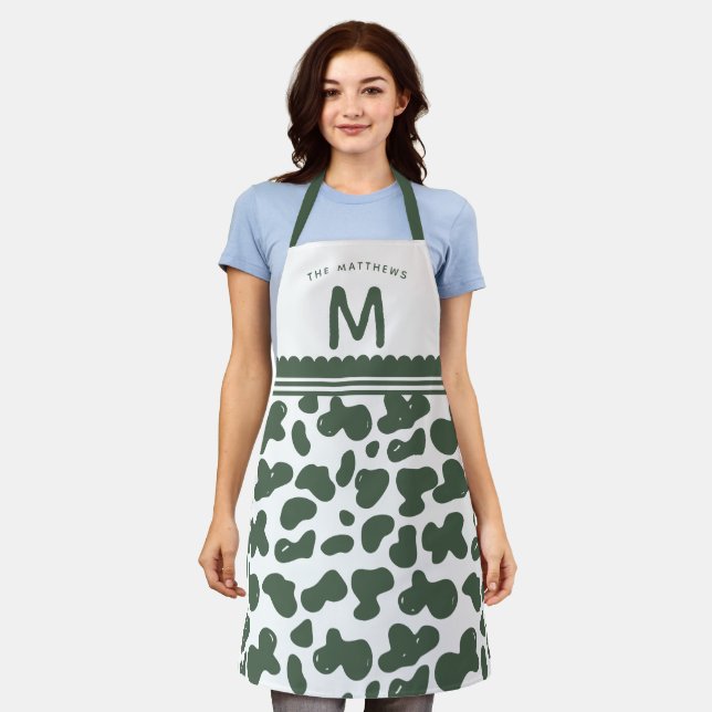 Pine Green Custom Name & Monogram Cow Pattern Apron (Worn)