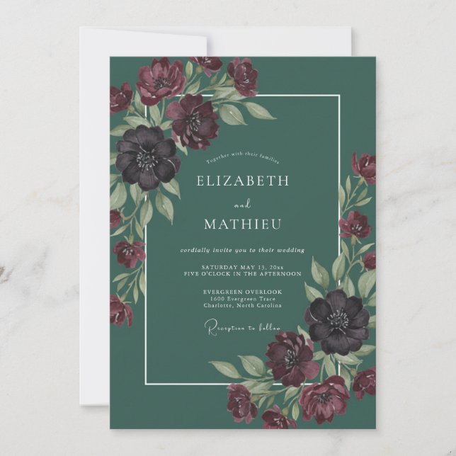 Pine Green Dramatic Botanical Wedding Invitation (Front)
