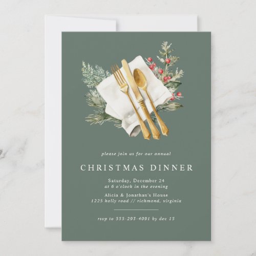 Pine Green  Elegant Gold Cutlery Christmas Dinner Invitation