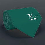 Pine Green Elegant Monogram   Name | One-Sided Neck Tie<br><div class="desc">An elegant one-sided necktie featuring a bold white monogram across a deep Pine Green background. On top of this monogram sits your first or last name spelled out in all capitals letters. If you prefer a bolder look for the personal name inside of the large letter you can do the...</div>