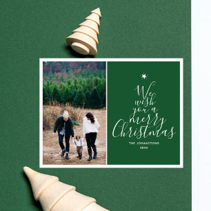 Pine Green Elegant Script Christmas Tree Photo Holiday Postcard