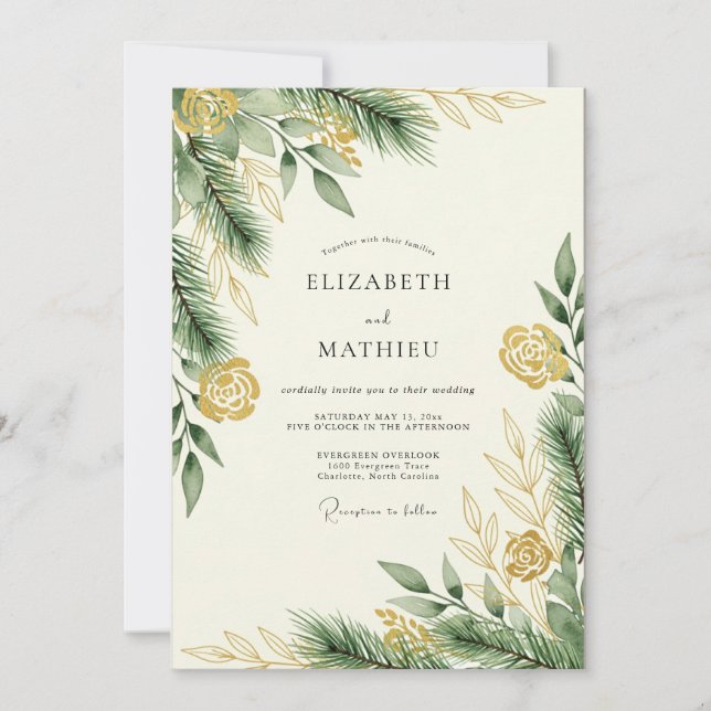 Pine Green Gilded Winter Wedding Invitation (Front)