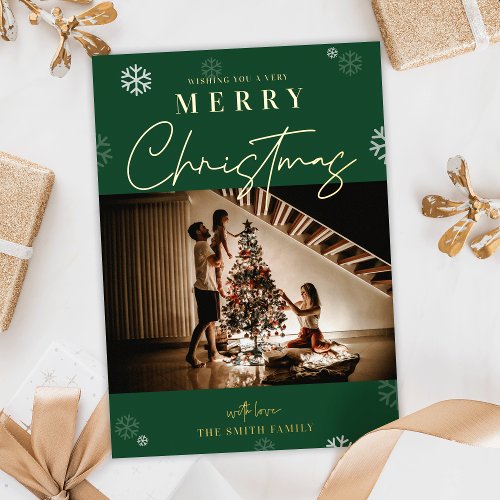 Pine Green  Gold Christmas One Family Photo Foil Holiday Card