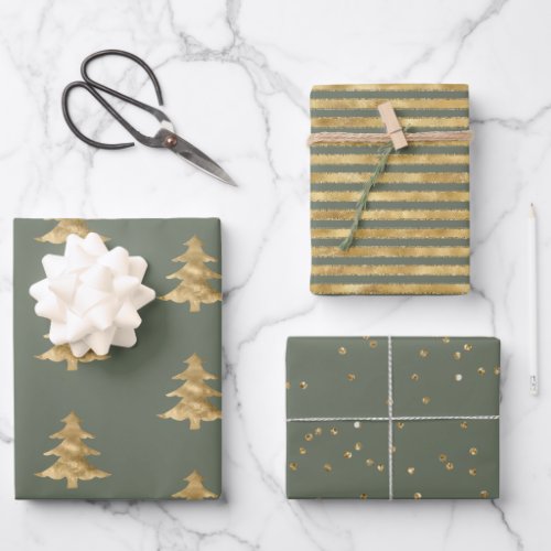 Pine Green Gold Christmas Tree Stripes Sparkle Wrapping Paper Sheets