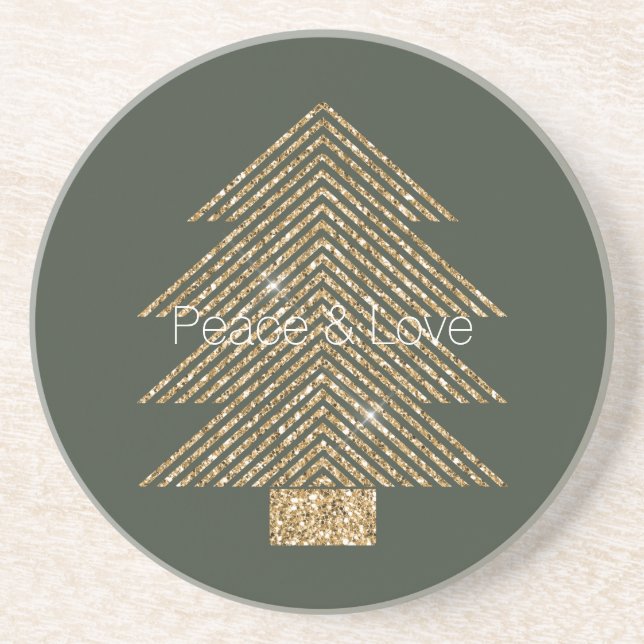 Pine Green Gold Glitzy Glitter Christmas Tree    Coaster (Front)