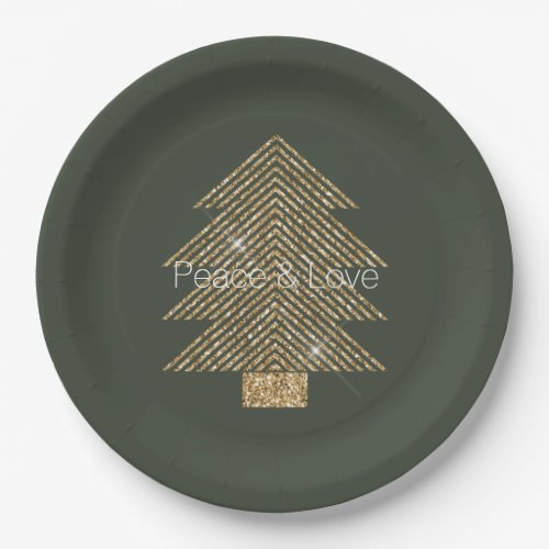 Pine Green Gold Glitzy Glitter Christmas Tree    Paper Plates