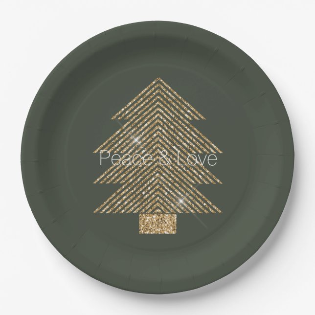 Pine Green Gold Glitzy Glitter Christmas Tree    Paper Plates (Front)