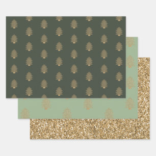 Pine Green Gold Glitzy Glitter Christmas Trees  Wrapping Paper Sheets