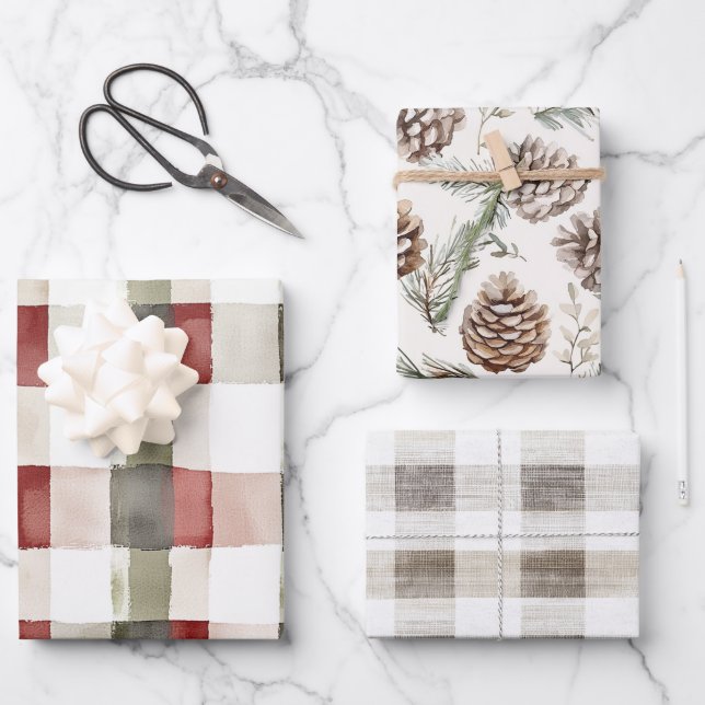 Pine Green Ivory Red Stripes Christmas Wrapping Paper Sheets (Front)