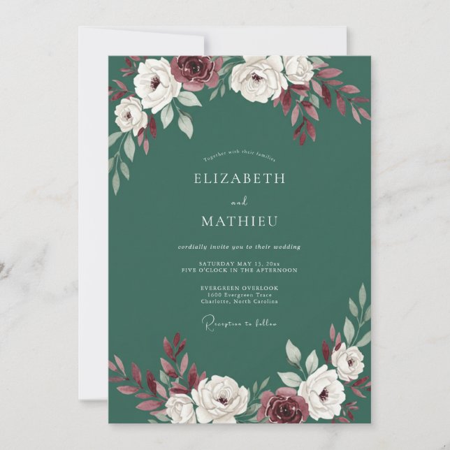 Pine Green Moody Floral Wedding Invitation (Front)