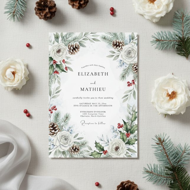 Pine Green Pinecone Winter Wedding Invitation (Creator Uploaded)