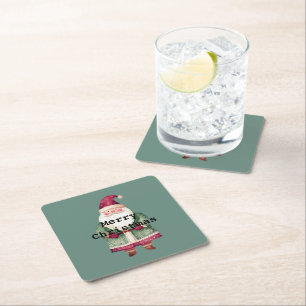 Pine Green Red Merry Christmas Santa Square Paper Coaster