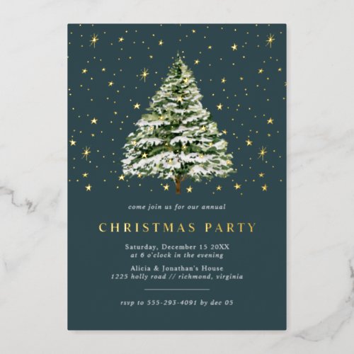 Pine Green Teal  Festive Christmas Party Gold Foil Invitation