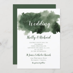 Pine Green Watercolor Wash Winter Wedding Invitation