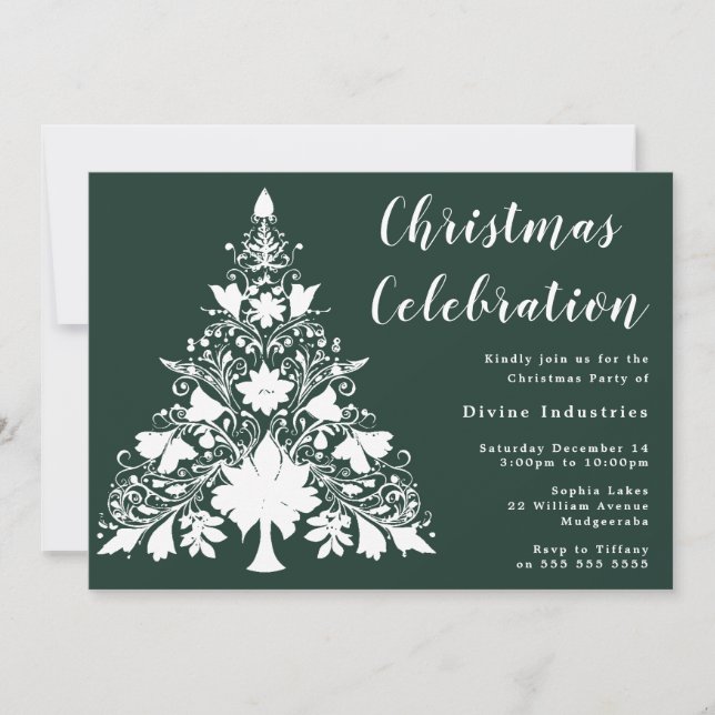 Pine Green White Tree Christmas Celebration Invitation (Front)