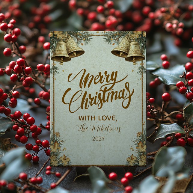 Pine Greenery Gold Bells Holiday Card (Creator Uploaded)
