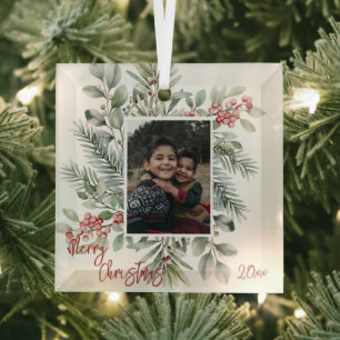 Pine Greenery Holly Red Photo Merry Christmas Glass Ornament